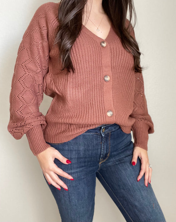 Brown Puff Sleeve Button-Up Sweater
