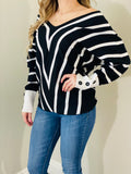 Black/White V-Neck Striped Sweater