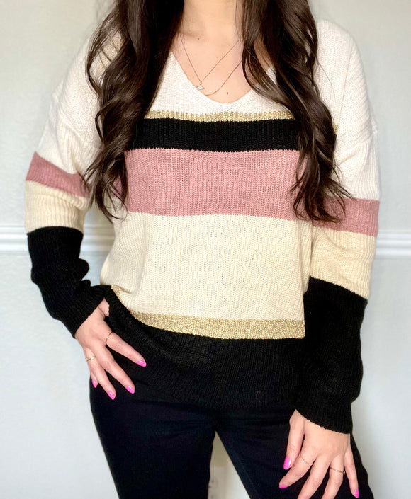 Pink Tan Colorblock Sweater